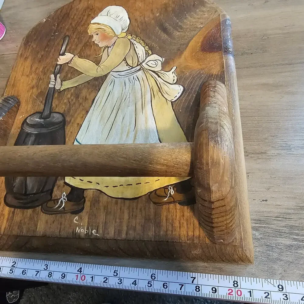 Vintage Hand Painted Wood Panel Holder Prairie Girl Rustic Cottage 70s Farmhouse